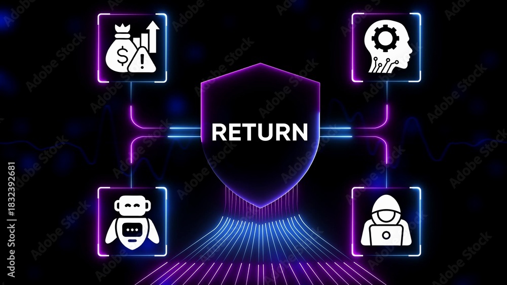 Fototapeta premium Digital shield with return text and icons for finance technology robot and hacker image