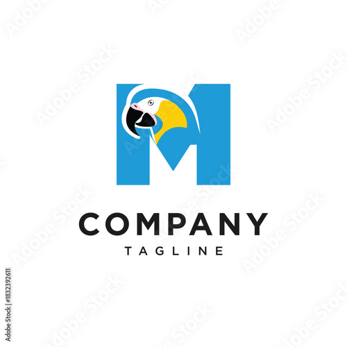 Letter M Blue Throated Macaw Logo Icon Vector