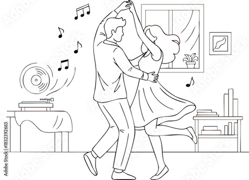 Joyful Couple Dancing Together with Music Notes.