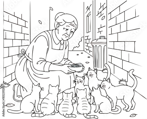 Kind Woman Feeding Hungry Stray Cats in Alleyway.
