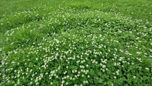 Fototapeta Naklejka Na Ścianę i Meble -  Lush Green Lawn Covered in Small White Flowers