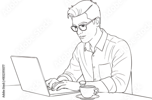 Line art illustration of a young man with glasses working on a laptop.