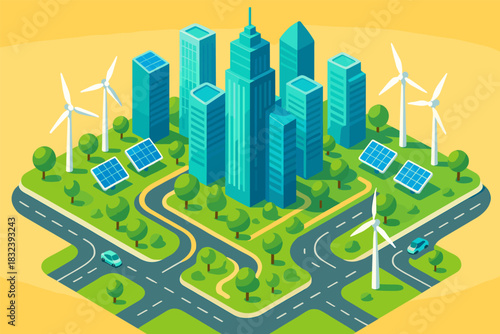 Sustainable urban planning concept with renewable energy and green spaces in isometric style