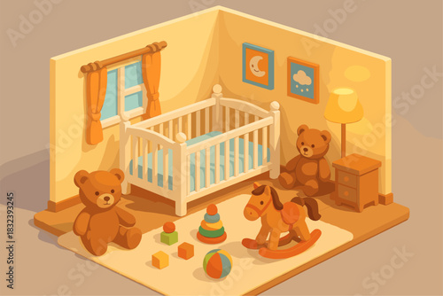 Cozy nursery room with toys and crib in warm tones isometric design