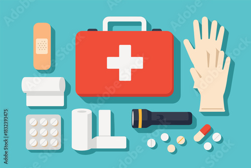 Essential medical kit elements with flat design for emergency preparedness