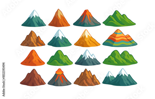 Colorful mountain icons set with diverse peaks and volcanic designs