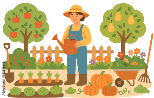 Gardener tending to lush autumn harvest garden with fruits and vegetables