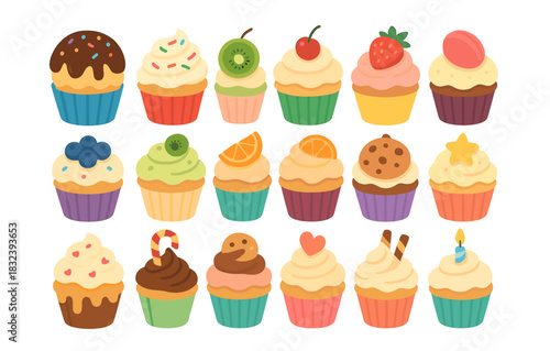 Colorful assorted cupcakes with toppings on white background