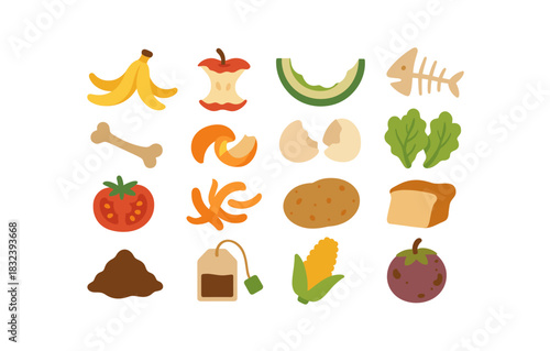 Colorful food waste icons: composting and recycling elements for eco-friendly design