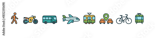Colorful linear icons representing diverse modes of transportation