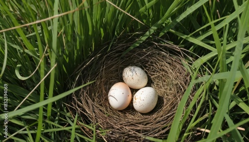 Fototapeta Naklejka Na Ścianę i Meble -  Three speckled eggs in a rustic bird nest