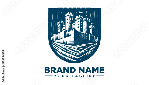 Vintage medieval castle tower logo design, a detailed historic fortress shield emblem vector illustration