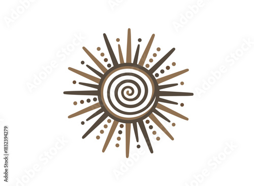 Stylized Sun Symbol with Spiral Center and Radial Rays in Earth Tones on Black Background Vector Graphic