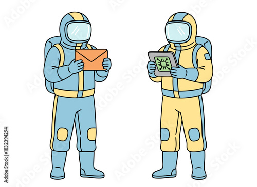 Two Individuals in Hazmat Suits One Holding an Envelope and the Other a Tablet Displaying a Diagram Against a White Background with Black Outline Flat Vector Illustration