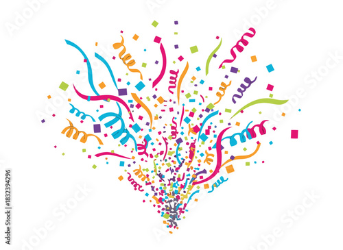 Explosion of colorful confetti and streamers emanating from a central point against a stark black background celebrating a joyous event or festive occasion with vibrant hues and dynamic motion