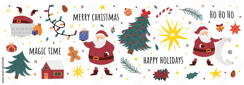 Fototapeta premium Christmas holiday banner with Santa Claus, Christmas tree, gifts, lights, stars and festive elements. Cute winter illustration for greeting cards, web designs, kids projects and seasonal decoration.