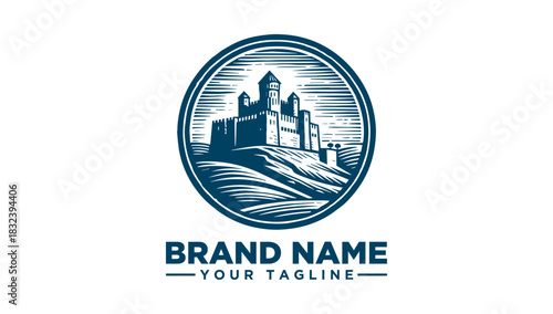 Vintage fortress castle logo vector illustration. Ancient royal building emblem design. Medieval kingdom graphic element on a hill