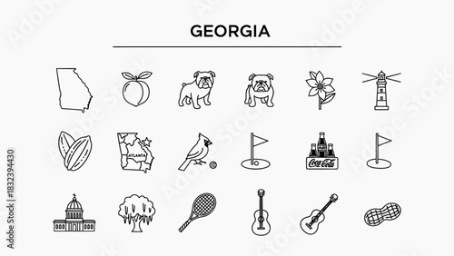 Outline Icons Pack Showcasing State Symbols, Flora, Fauna, Landmarks, and Activities of a Southern U.S. Region in a Modern Vector Line Art Style