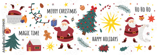 Christmas holiday banner with Santa Claus, Christmas tree, gifts, lights, stars and festive elements. Cute winter illustration for greeting cards, web designs, kids projects and seasonal decoration.