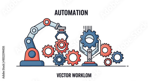Automation illustration showing robotic arm and gears representing workflow process.