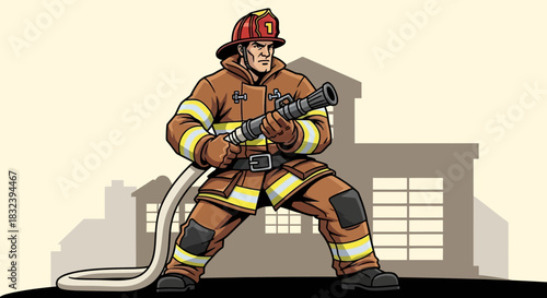Brave firefighter in full gear aims water hose at unseen fire ready to extinguish flames.