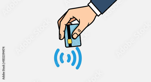 Contactless payment transaction with credit card held by human hand wireless technology.