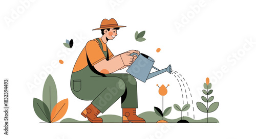 Gardener carefully waters plants in the garden with a watering can tending to the flowers.