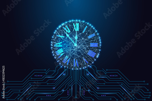 Futuristic Glowing AI Clock with Wireframe Face and Circuit Board Base on Dark Tech Background