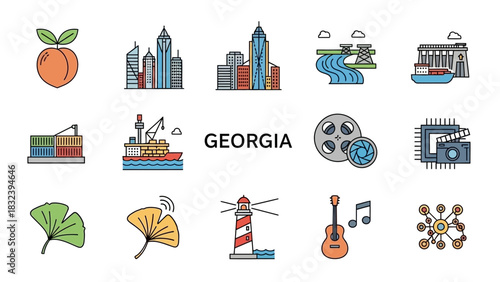 Georgia Icons Peach, Skyline, Industry, Nature, and Technology Symbols