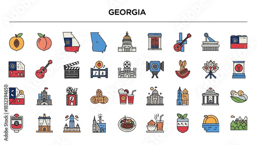 A comprehensive collection of vector icons representing the diverse culture, natural beauty, and historic landmarks of Georgia, USA, ideal for travel and regional themes
