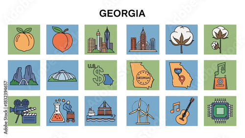 Comprehensive vector icon collection representing the vibrant culture, diverse economy, iconic landmarks, and natural beauty of Georgia state in modern flat design