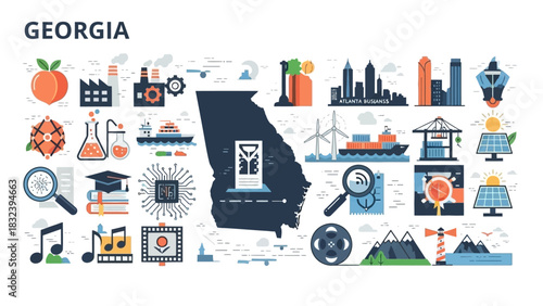 Illustrated infographic showcasing the diverse economic, cultural, and environmental landscape of Georgia state, featuring icons representing technology, industry, agriculture, and lifestyle