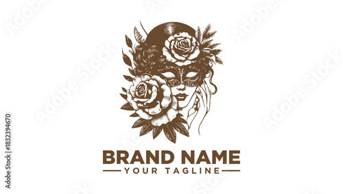 Vector illustration of a woman with a mask and roses for logo design. Elegant brand logo