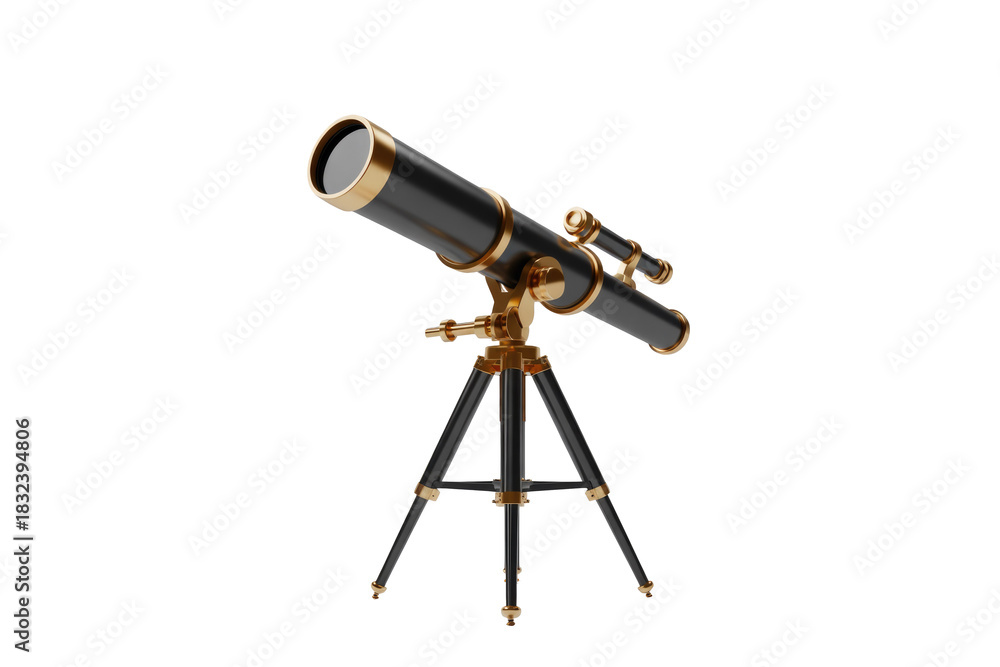 Obraz premium A beautifully rendered vintage-style telescope, black with gold accents, stands poised on its sturdy tripod, ready for celestial observation or exploration. background removed
