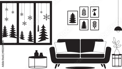 Modern luxury living room interior design with comfortable sofa, furniture, fireplace, and contemporary light