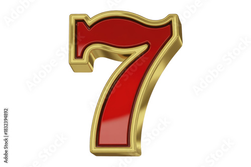 A vibrant 3D red number seven, elegantly framed with a lustrous golden border. Ideal for casino themes, luck, or game design. background removed