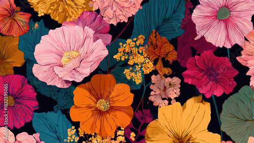 Vibrant floral pattern featuring bold pink, orange, and yellow flowers against a dark background, accented by teal leaves and smaller clusters.