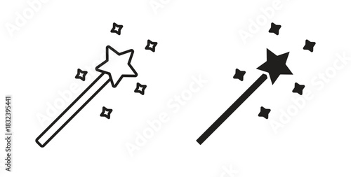 Magic wand icon in line design and solid black and white colors for designs
