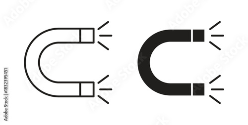 Magnet icon in line design and solid black and white colors for designs