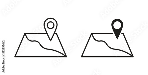 Map icon in line design and solid black and white colors for designs