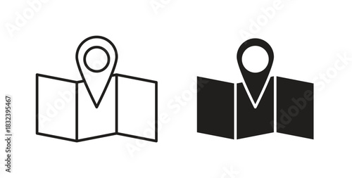 Map icon in line design and solid black and white colors for designs