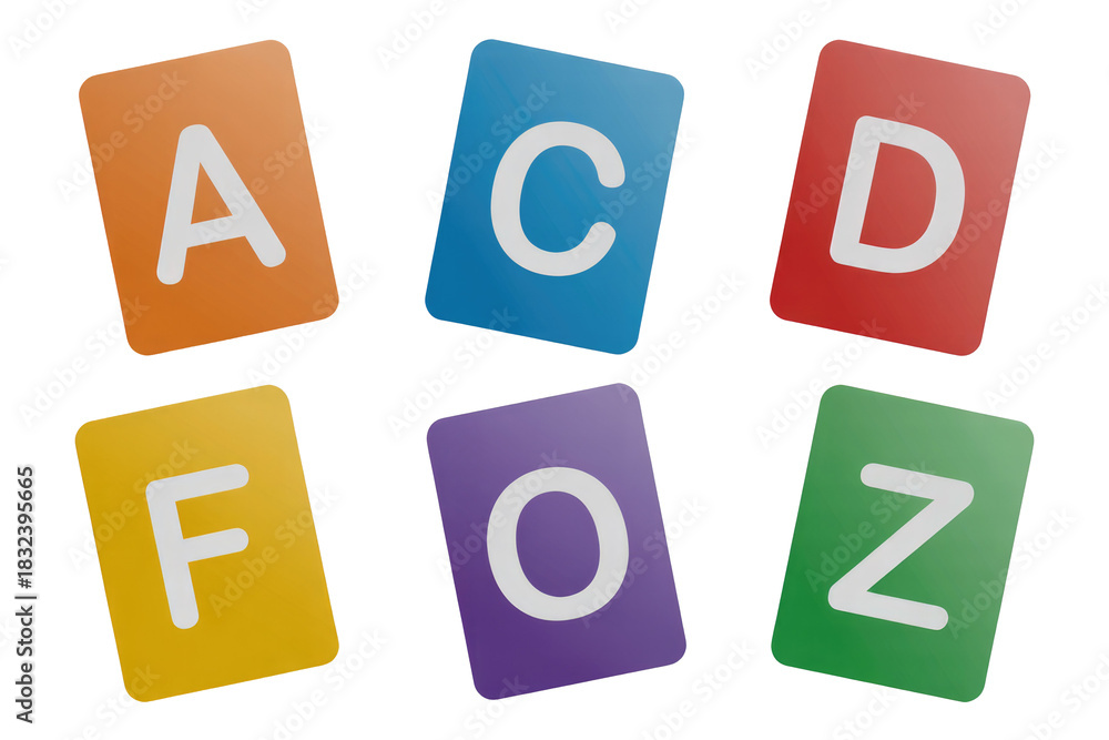 Fototapeta premium Six vibrant, colorful letter cards displaying 'A', 'C', 'D', 'F', 'O', 'Z' on a transparent transparent background, ideal for learning or games. background removed