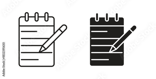 Notepad icon in line design and solid black and white colors for designs