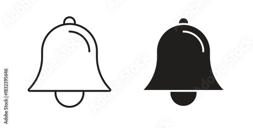 Notification bell icon in line design and solid black and white colors for designs