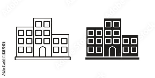 Office buildings icon in line design and solid black and white colors for designs