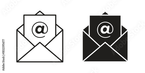 Open email icon in line design and solid black and white colors for designs