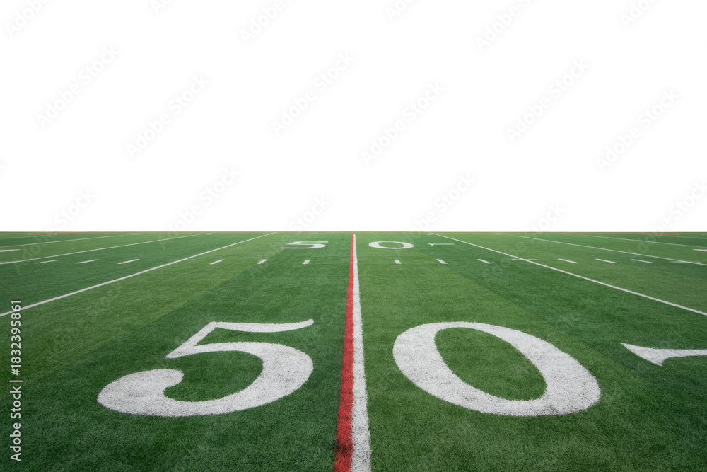 Obraz premium Vibrant green American football field, centered on the bold white '50' yard line with a red mid-field stripe. Ideal for sports themes. background removed