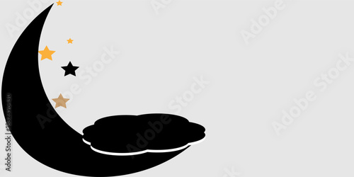 Black icon of the night moon with stars. Lunar cycle symbol. Full moon stage, crescent.