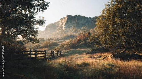 Picturesque morning landscape with majestic mountain view and golden light