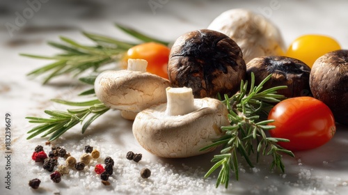 Rustic culinary arrangement with mushrooms, tomatoes, rosemary and seasonings